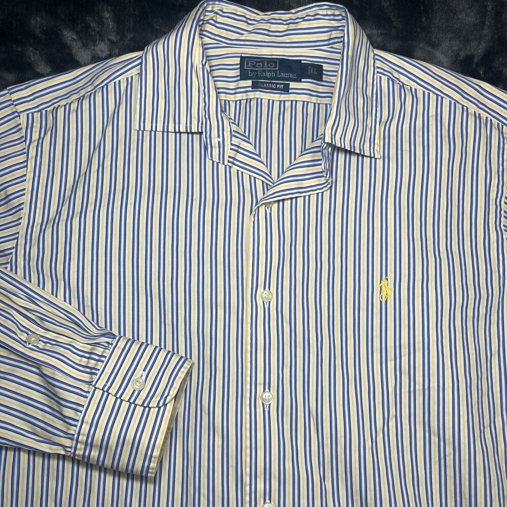 Polo Ralph Lauren Vtg Button Up Shirt Sz L Classic Fit Blue Yellow Stripe Logo